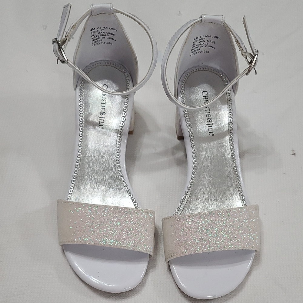 Christie&Jill Girls Sandals White Iridescent Glittery Ankle Strap Heel Sz 4 EUC